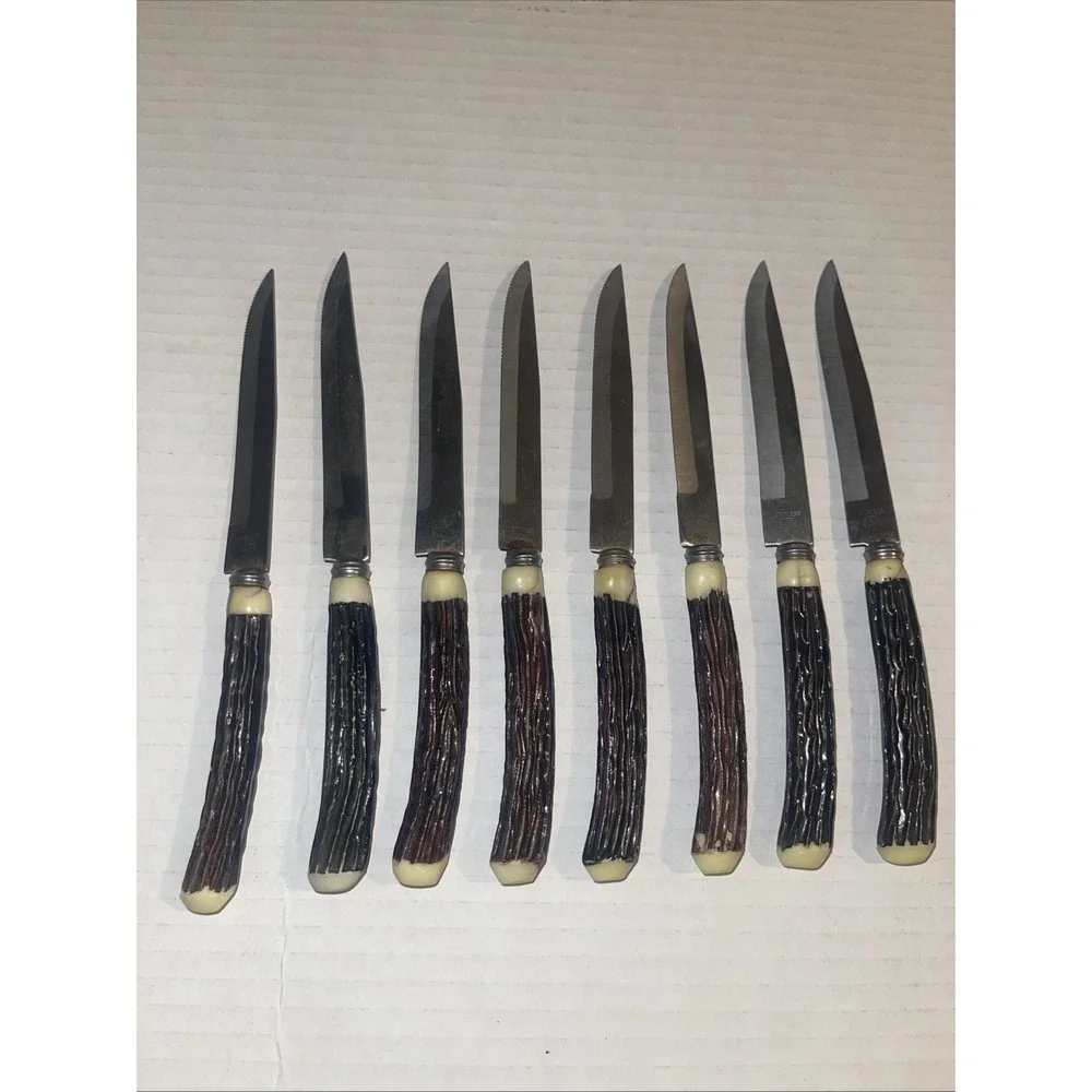 Vintage 8‎ Stainless Steel Faux Antler Steak Knives Made in Japan